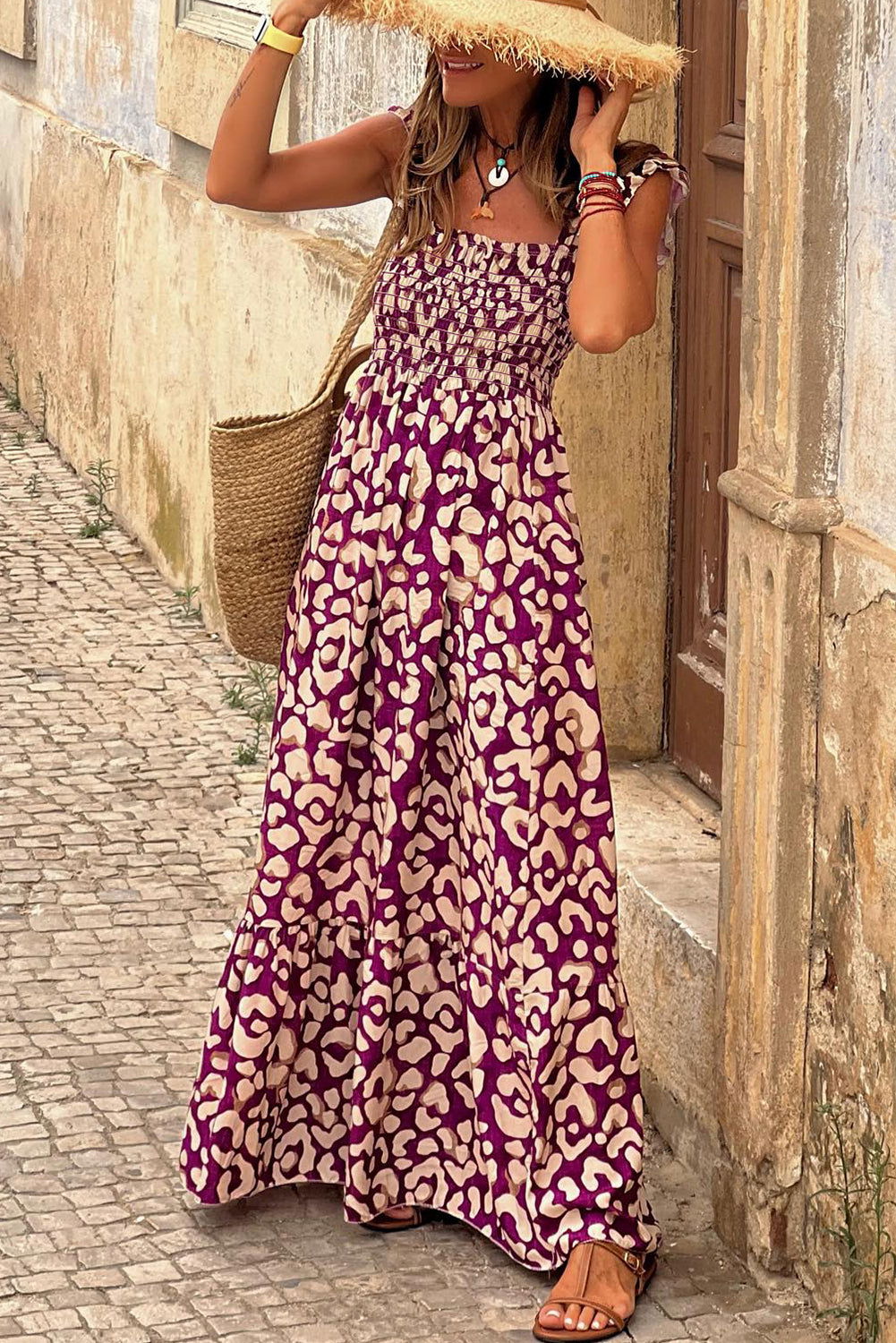 Pink Leopard Ruffle Straps Smocked High Waist Maxi Dress - Vesteeto