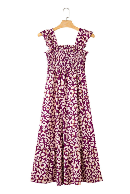 Pink Leopard Ruffle Straps Smocked High Waist Maxi Dress - Vesteeto