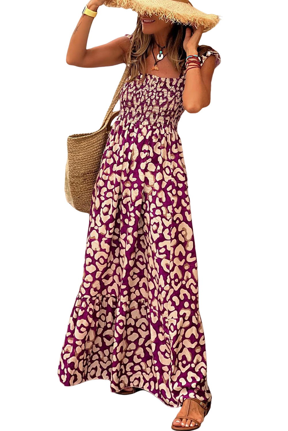 Pink Leopard Ruffle Straps Smocked High Waist Maxi Dress - Vesteeto