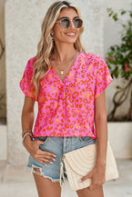 Pink Leopard V Neck Short Sleeve Blouse - Vesteeto