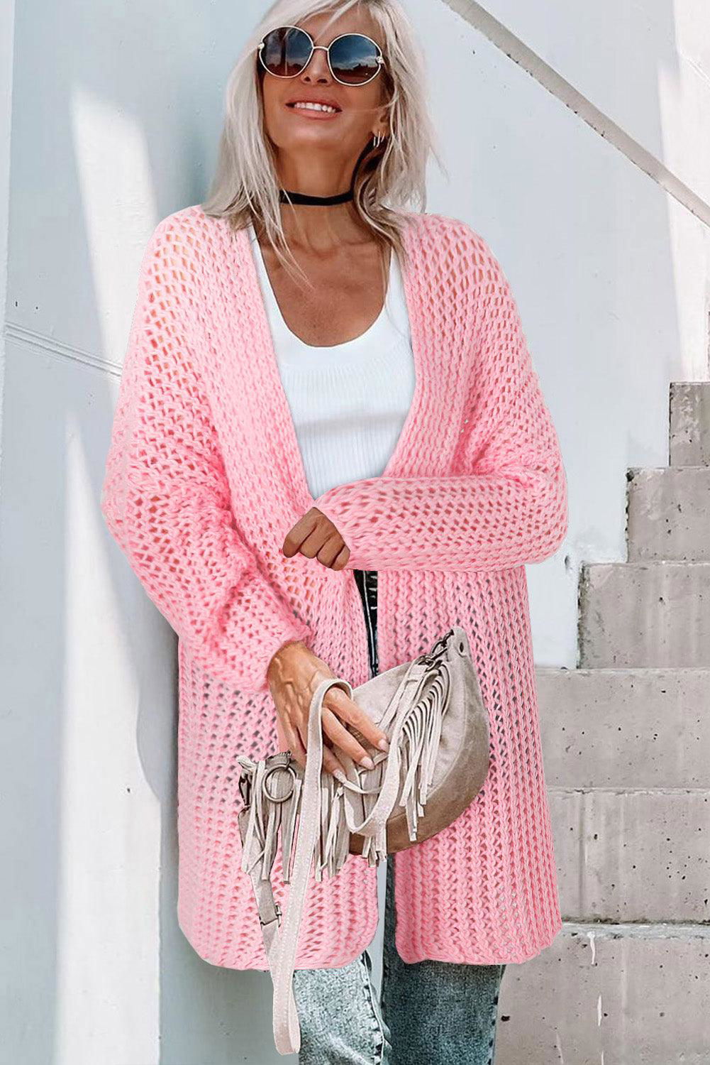 Pink Open Knit Long Sleeve Oversized Cardigan - Vesteeto