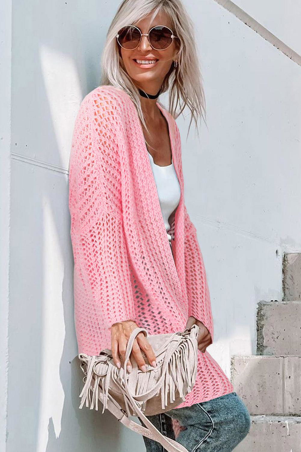 Pink Open Knit Long Sleeve Oversized Cardigan - Vesteeto