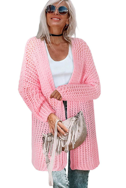 Pink Open Knit Long Sleeve Oversized Cardigan - Vesteeto