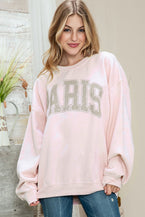 Pink PARIS Letter Print Drop Shoulder Oversized Sweatshirt - Vesteeto