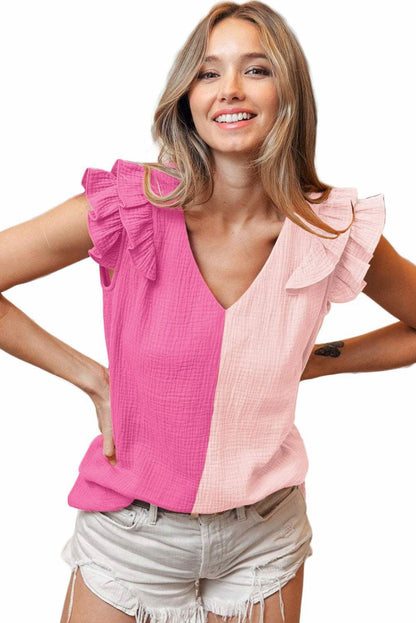 Pink Patchwork V Neck Ruffle Crinkle Blouse