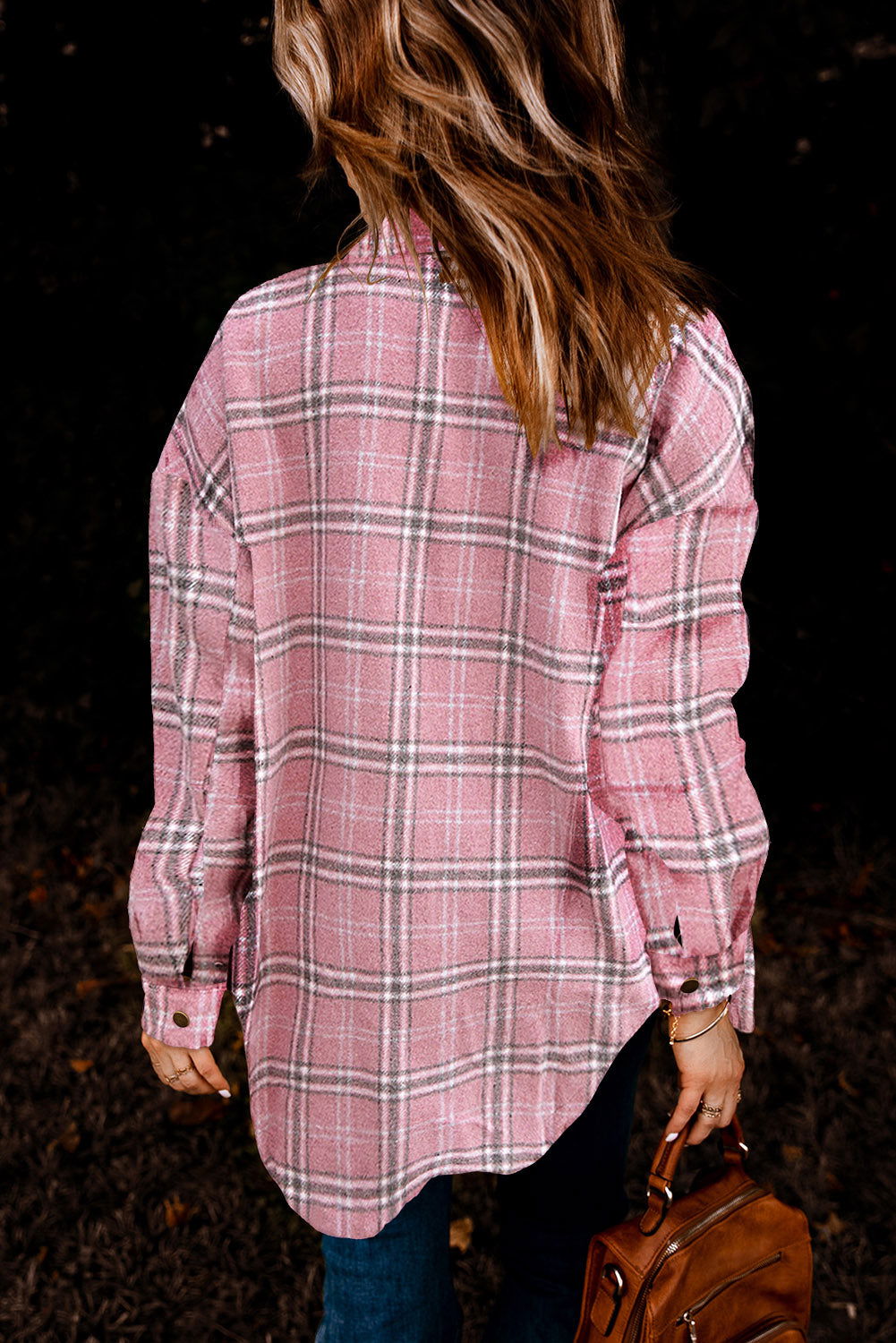 Pink Plaid Casual Button Up Shirt Shacket with Slits - Vesteeto