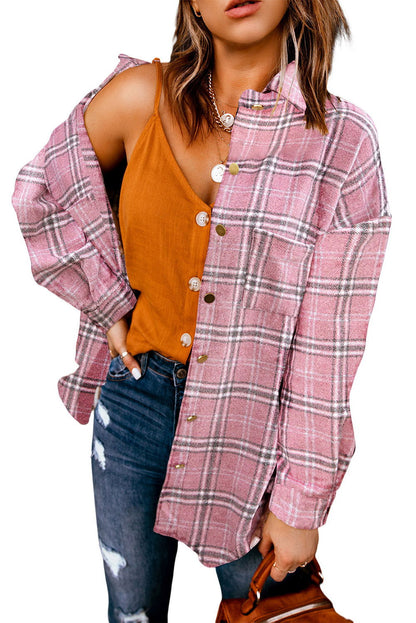 Pink Plaid Casual Button Up Shirt Shacket with Slits - Vesteeto