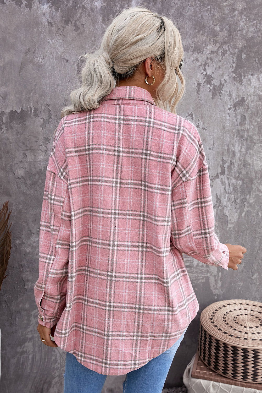 Pink Plaid Casual Button Up Shirt Shacket with Slits - Vesteeto