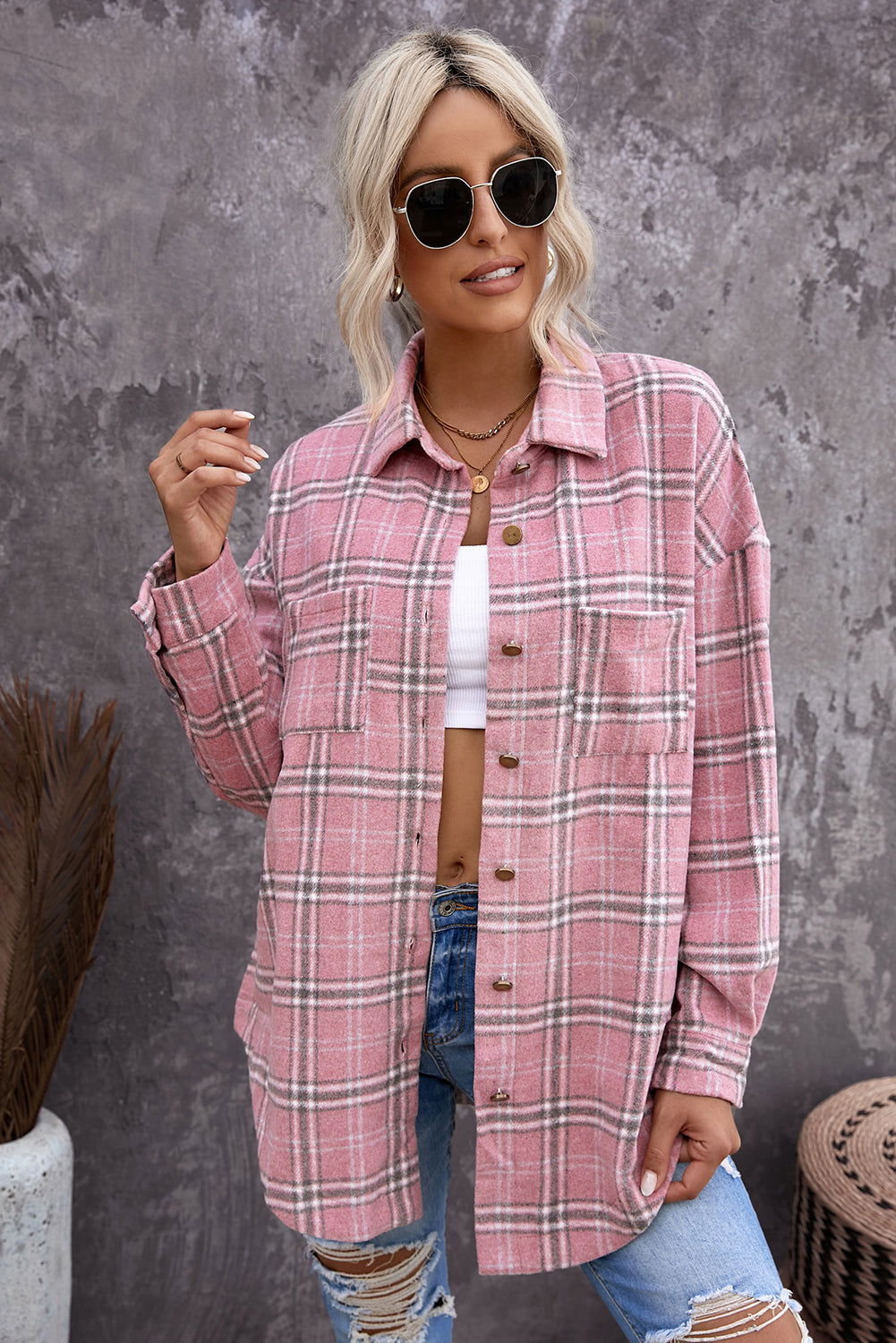 Pink Plaid Casual Button Up Shirt Shacket with Slits - Vesteeto