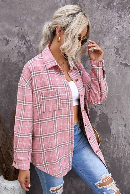 Pink Plaid Casual Button Up Shirt Shacket with Slits - Vesteeto