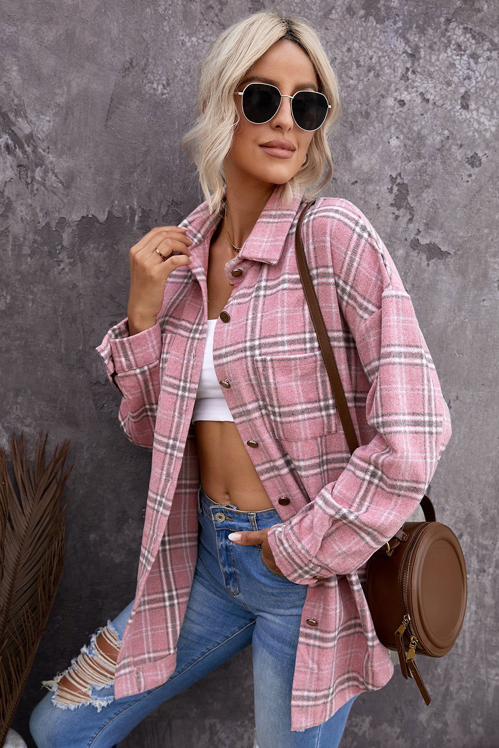 Pink Plaid Casual Button Up Shirt Shacket with Slits - Vesteeto