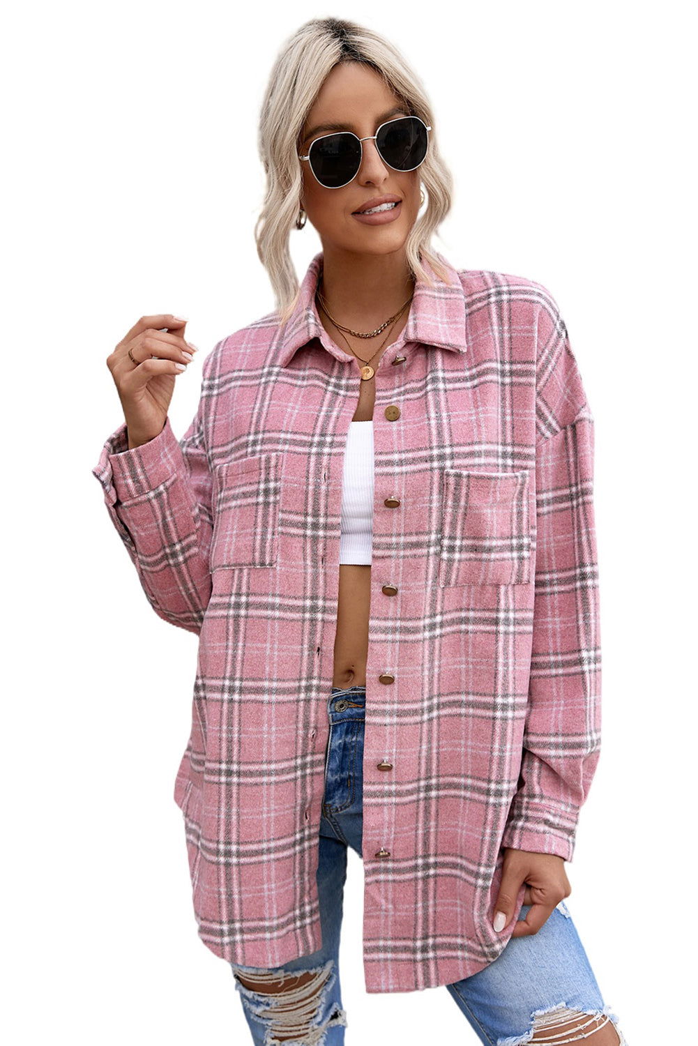 Pink Plaid Casual Button Up Shirt Shacket with Slits - Vesteeto