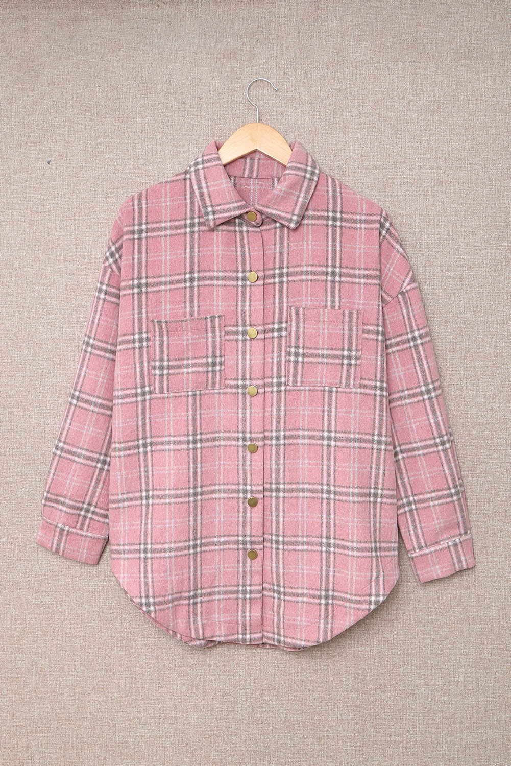 Pink Plaid Casual Button Up Shirt Shacket with Slits - Vesteeto