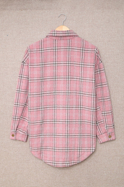 Pink Plaid Casual Button Up Shirt Shacket with Slits - Vesteeto