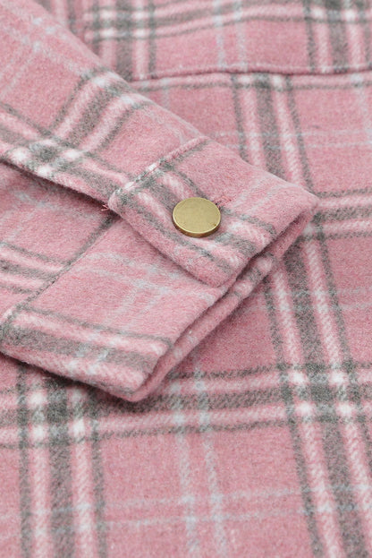 Pink Plaid Casual Button Up Shirt Shacket with Slits - Vesteeto