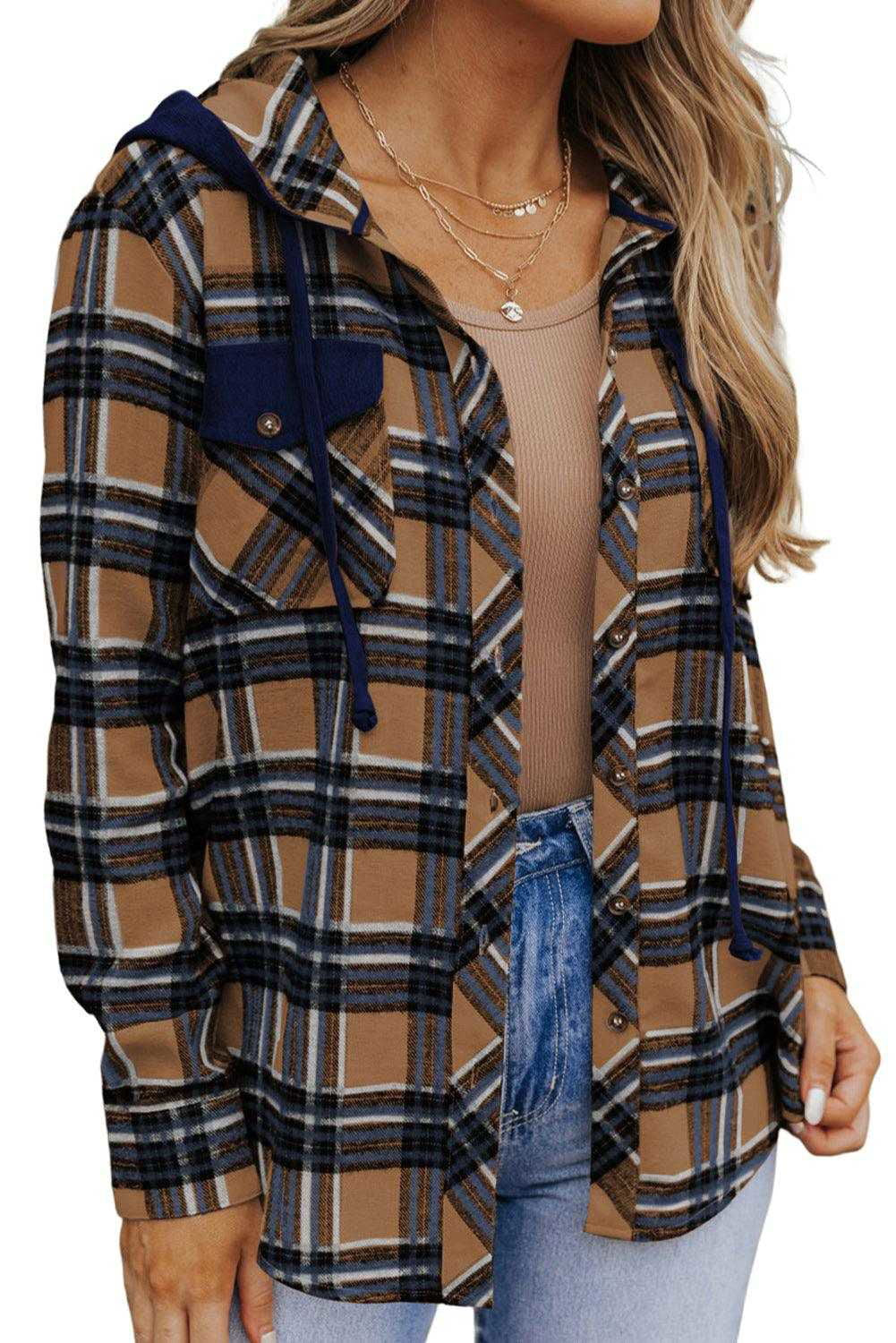 Pink Plaid Contrast Hooded Drawstring Shacket - Vesteeto