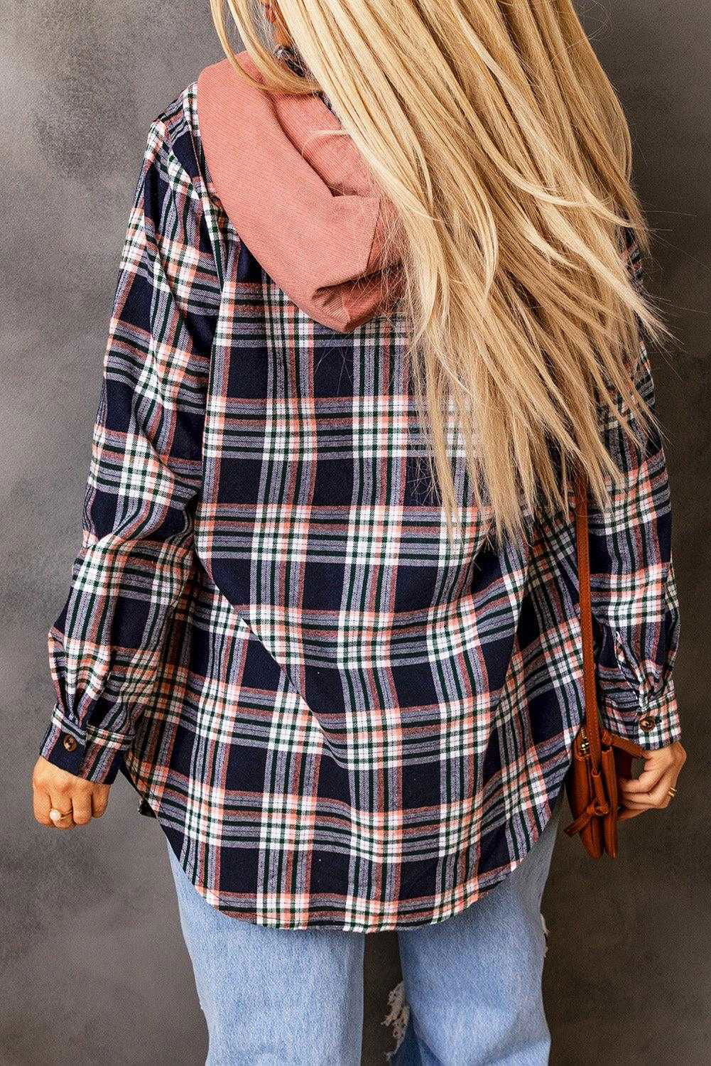 Pink Plaid Contrast Hooded Drawstring Shacket - Vesteeto