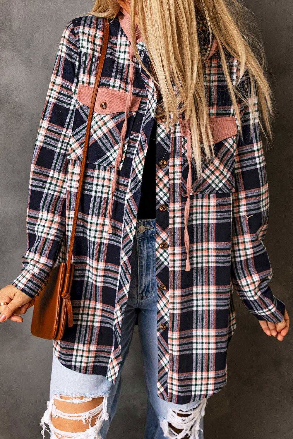 Pink Plaid Contrast Hooded Drawstring Shacket - Vesteeto