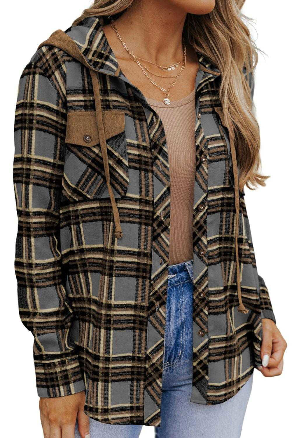 Pink Plaid Contrast Hooded Drawstring Shacket - Vesteeto