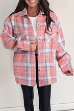 Pink Plaid Flap Pocket Button Up Shacket - Vesteeto