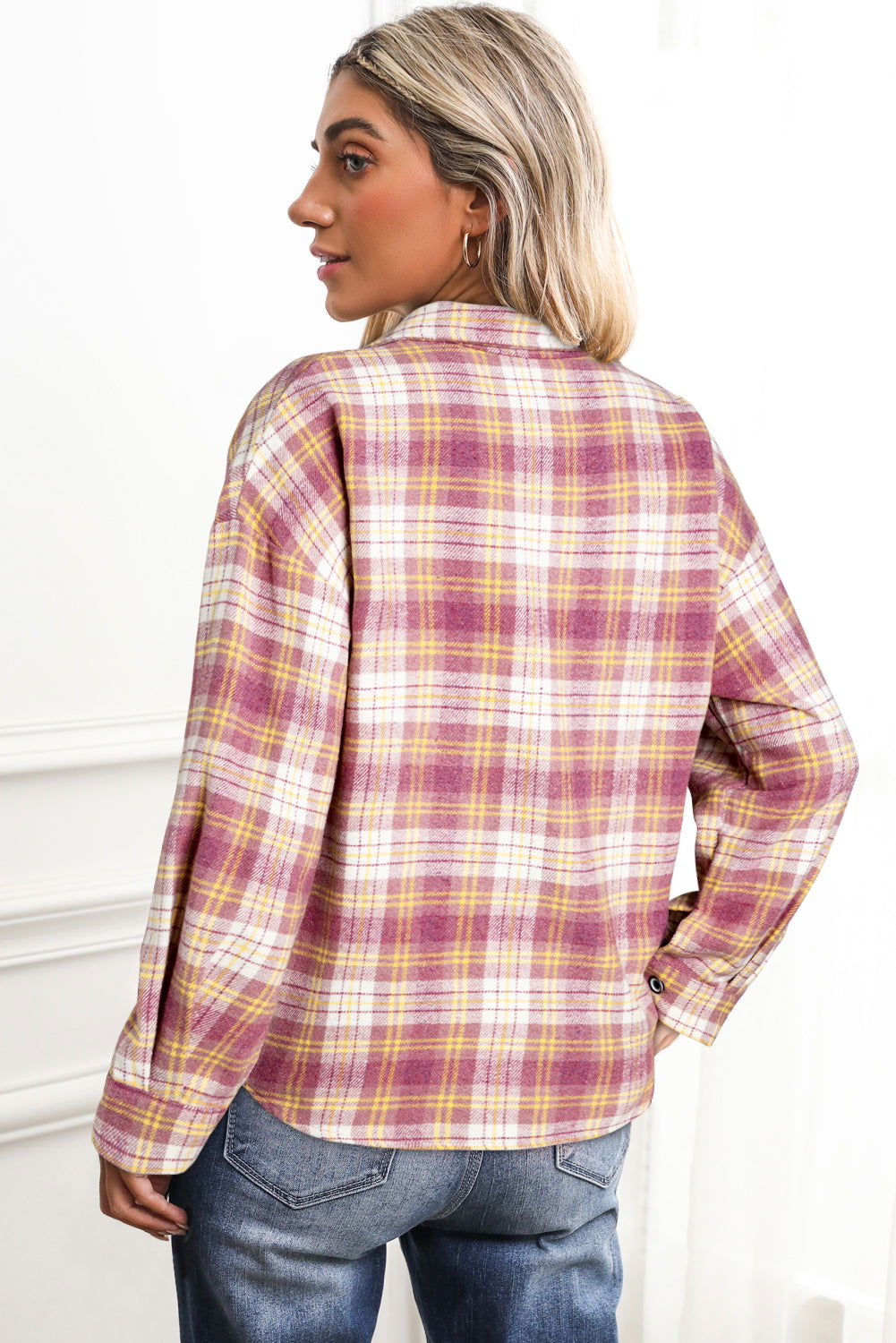 Pink Plaid Print Chest Pocket Long Sleeve Shacket - Vesteeto