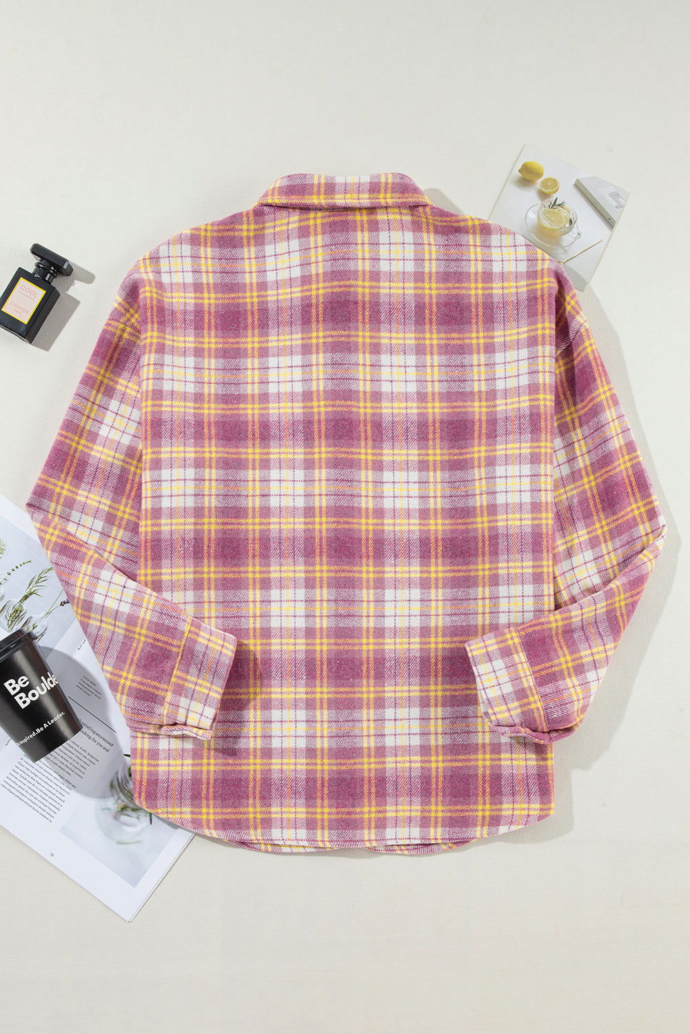 Pink Plaid Print Chest Pocket Long Sleeve Shacket - Vesteeto