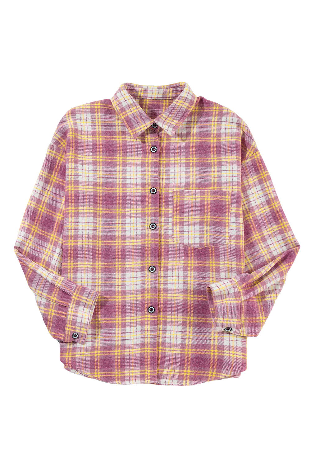 Pink Plaid Print Chest Pocket Long Sleeve Shacket - Vesteeto