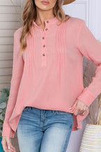 Pink Pleated Half Buttons Casual Textured Blouse - Vesteeto