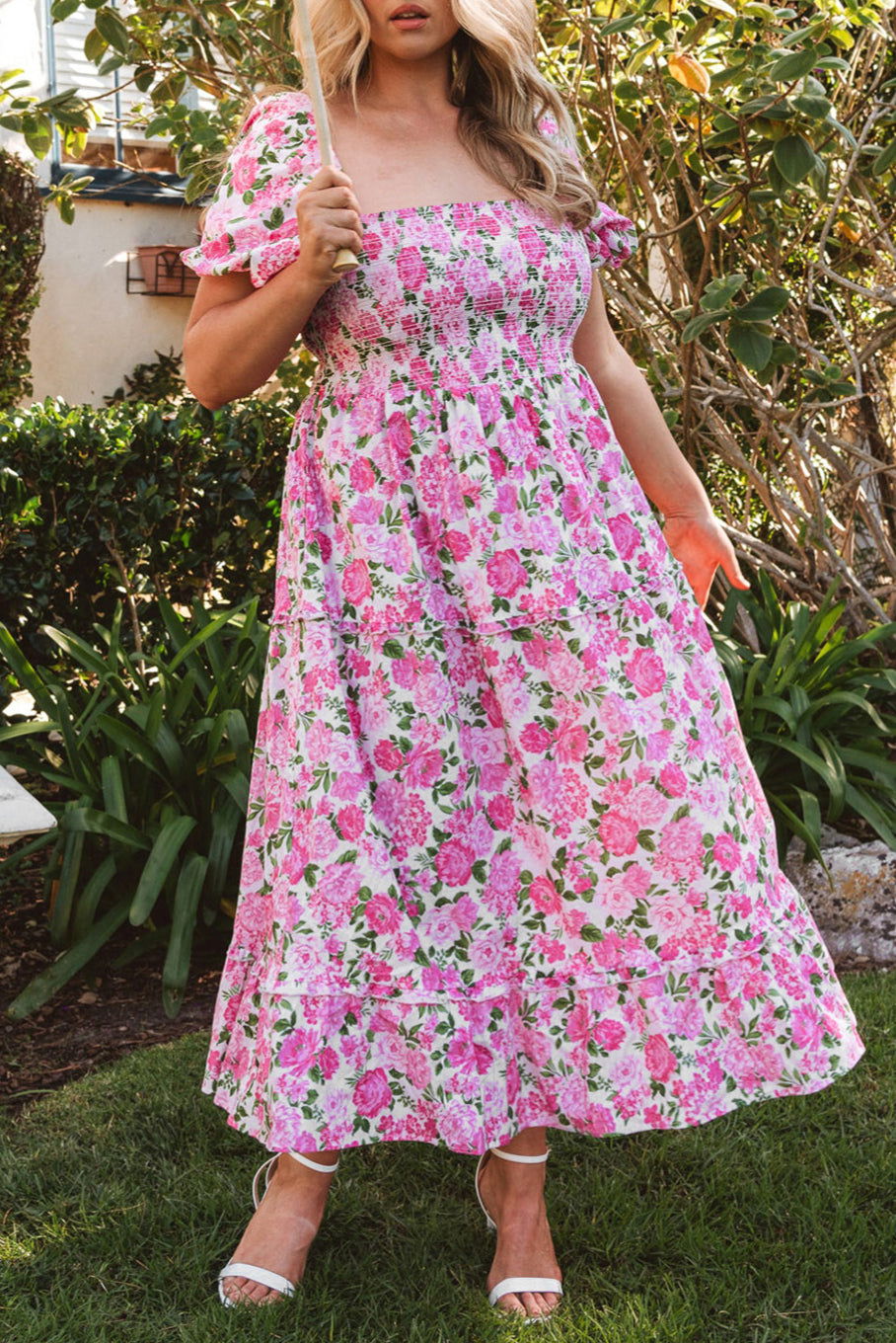 Pink Plus Size Floral Print Smocked Puff Sleeve Maxi Dress - Vesteeto