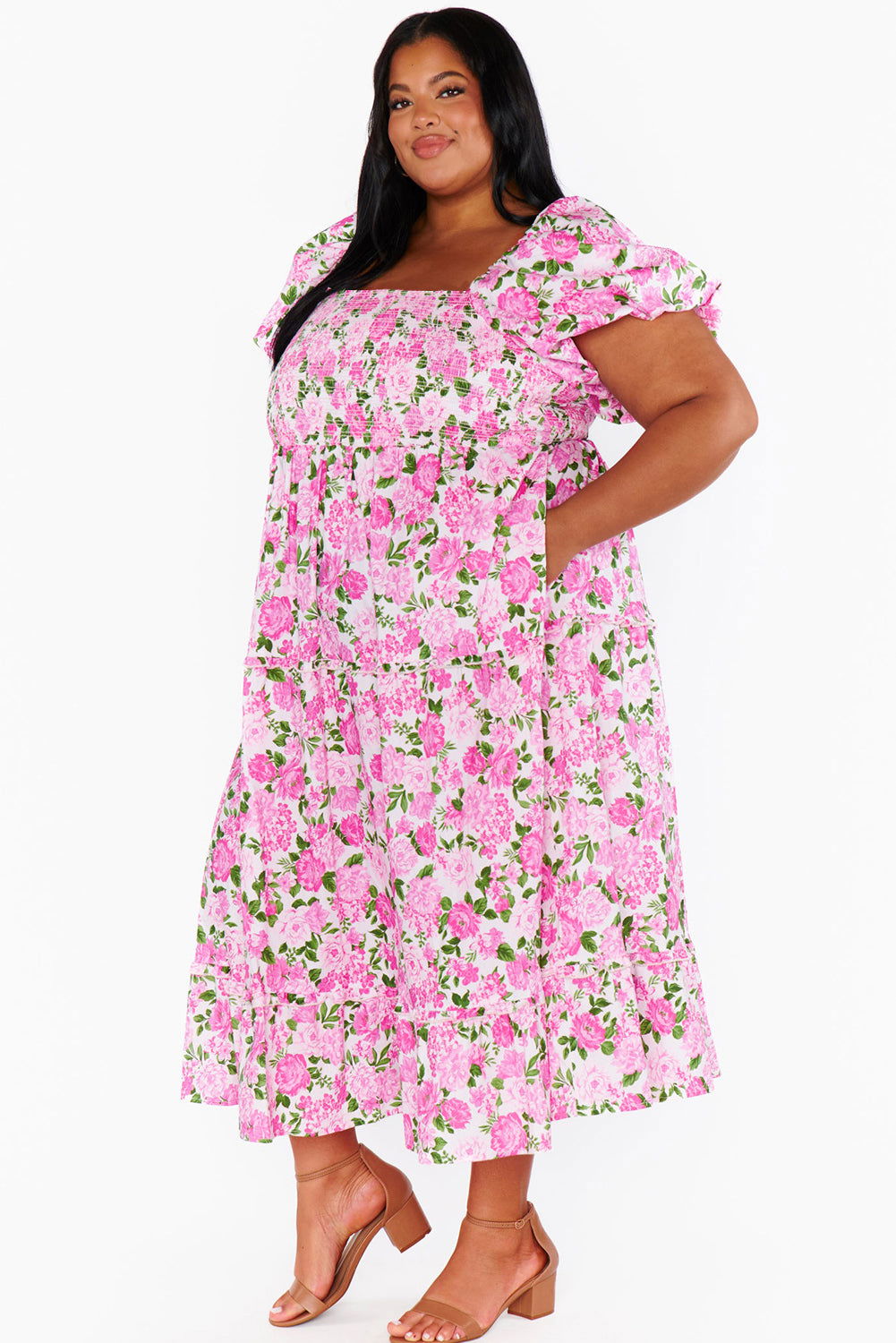 Pink Plus Size Floral Print Smocked Puff Sleeve Maxi Dress - Vesteeto