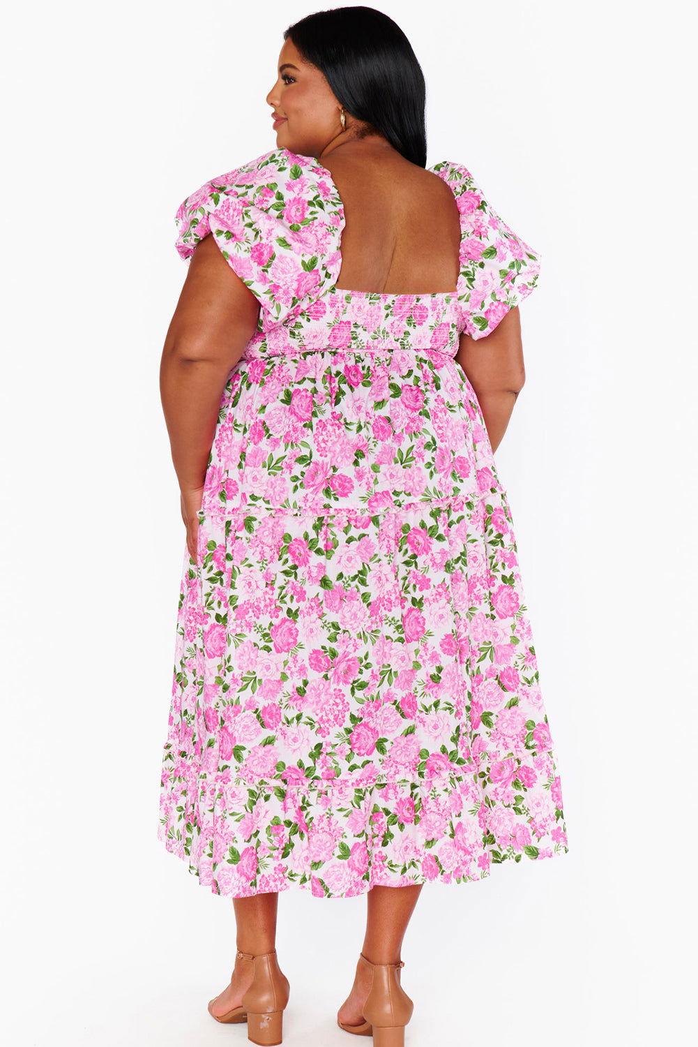 Pink Plus Size Floral Print Smocked Puff Sleeve Maxi Dress - Vesteeto