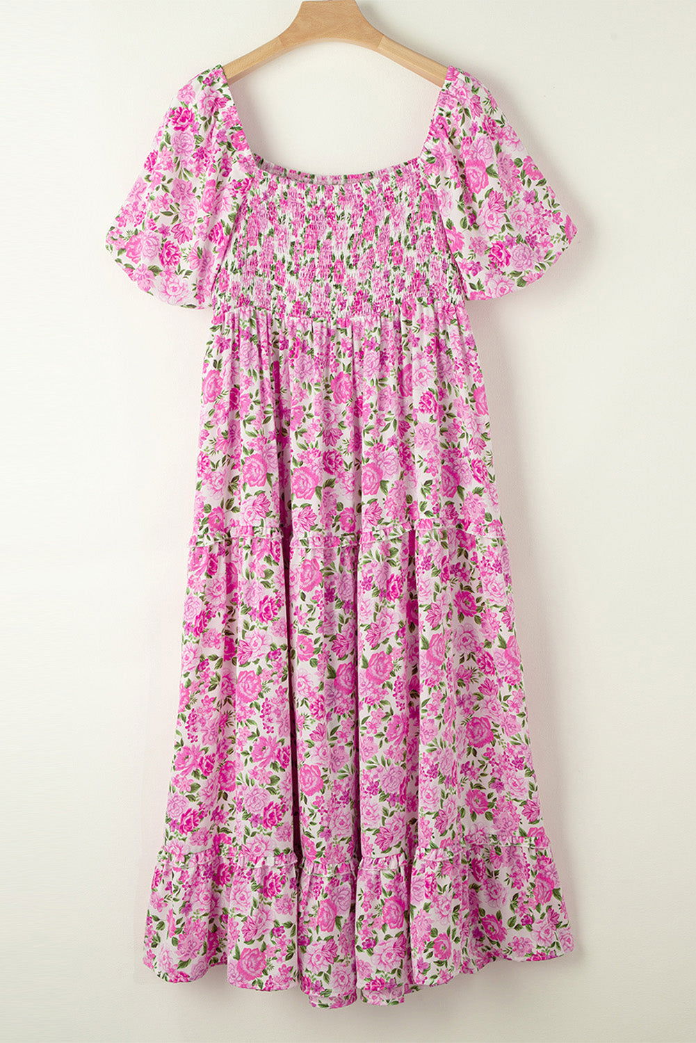 Pink Plus Size Floral Print Smocked Puff Sleeve Maxi Dress - Vesteeto