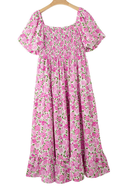 Pink Plus Size Floral Print Smocked Puff Sleeve Maxi Dress - Vesteeto