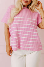 Pink Plus Size Ribbed Stripe Round Neck T Shirt - Vesteeto