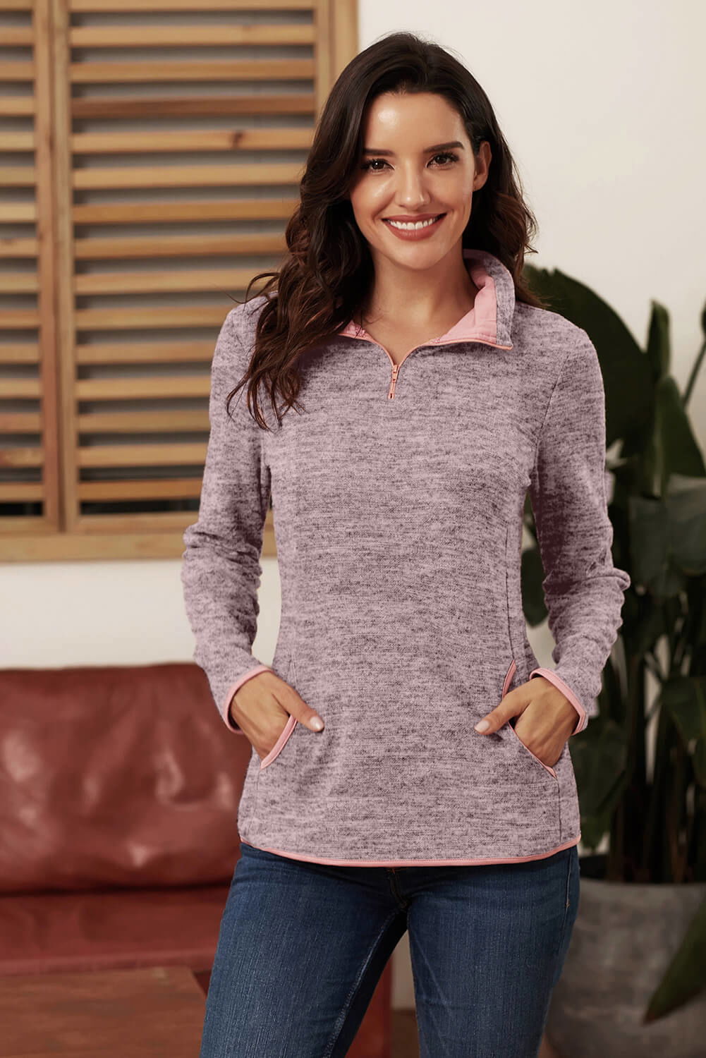 Pink Quarter Zip Pullover Sweatshirt - Vesteeto