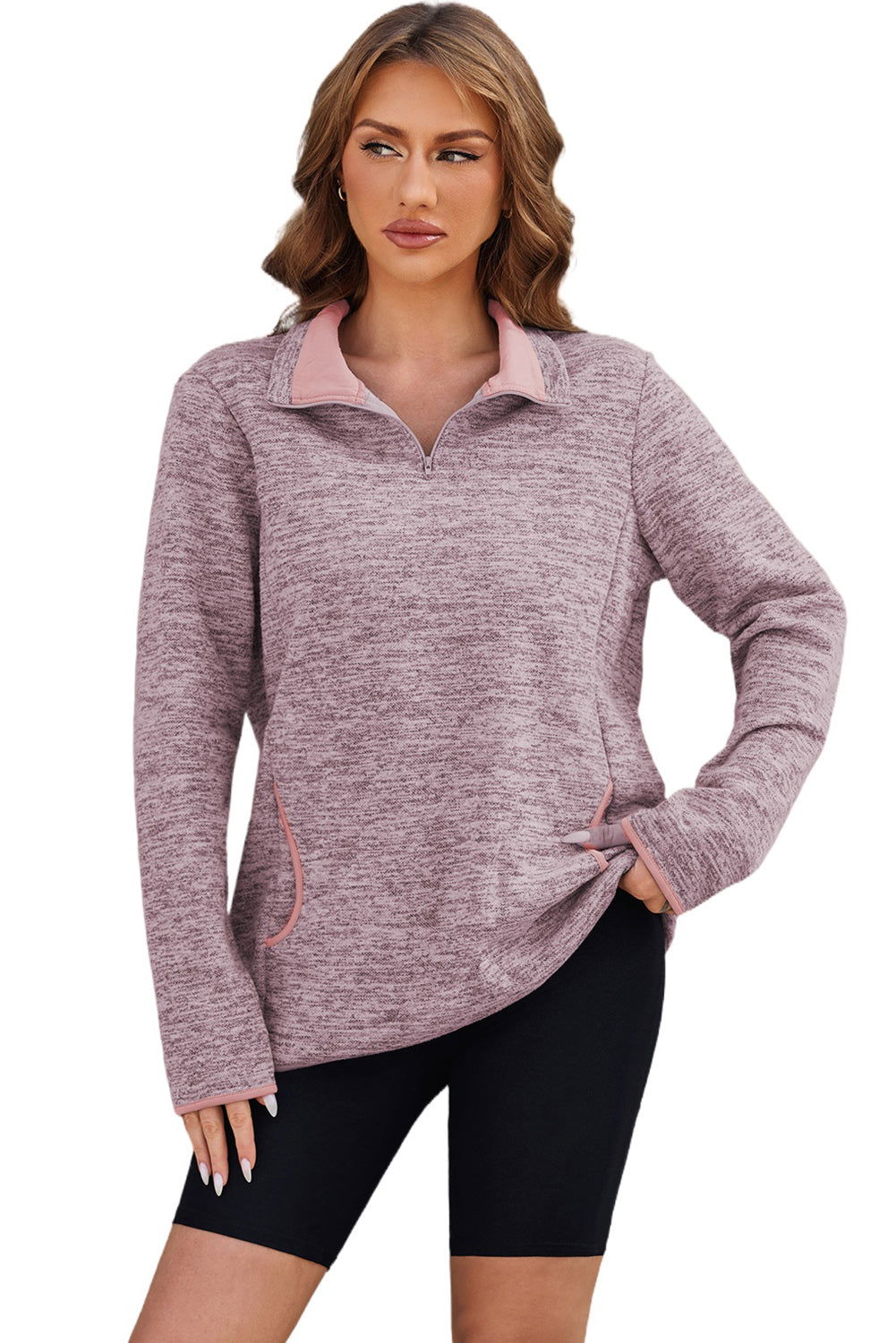 Pink Quarter Zip Pullover Sweatshirt - Vesteeto