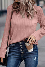 Pink Ribbed Round Neck Knit Long Sleeve Top - Vesteeto