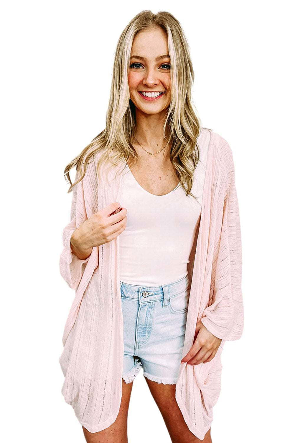 Pink Sheer Lightweight Knit Open Front Long Sleeve Cardigan - Vesteeto