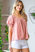 Pink Square Neck Polkadot Linen Puff Sleeve Short Sleeve Top - Vesteeto