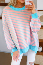 Pink Stripe Contrast Trim High Low Tunic Sweatshirt - Vesteeto