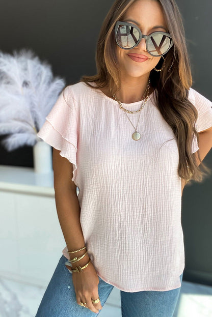 Pink Textured Tiered Ruffle Casual Short Sleeve Top - Vesteeto