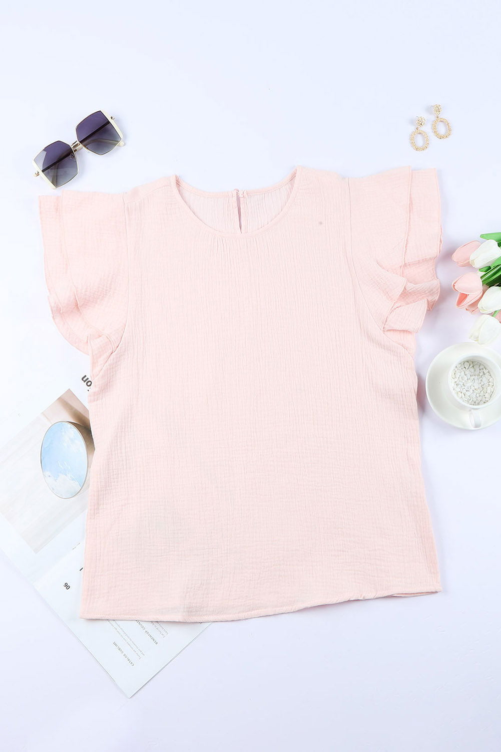 Pink Textured Tiered Ruffle Casual Short Sleeve Top - Vesteeto