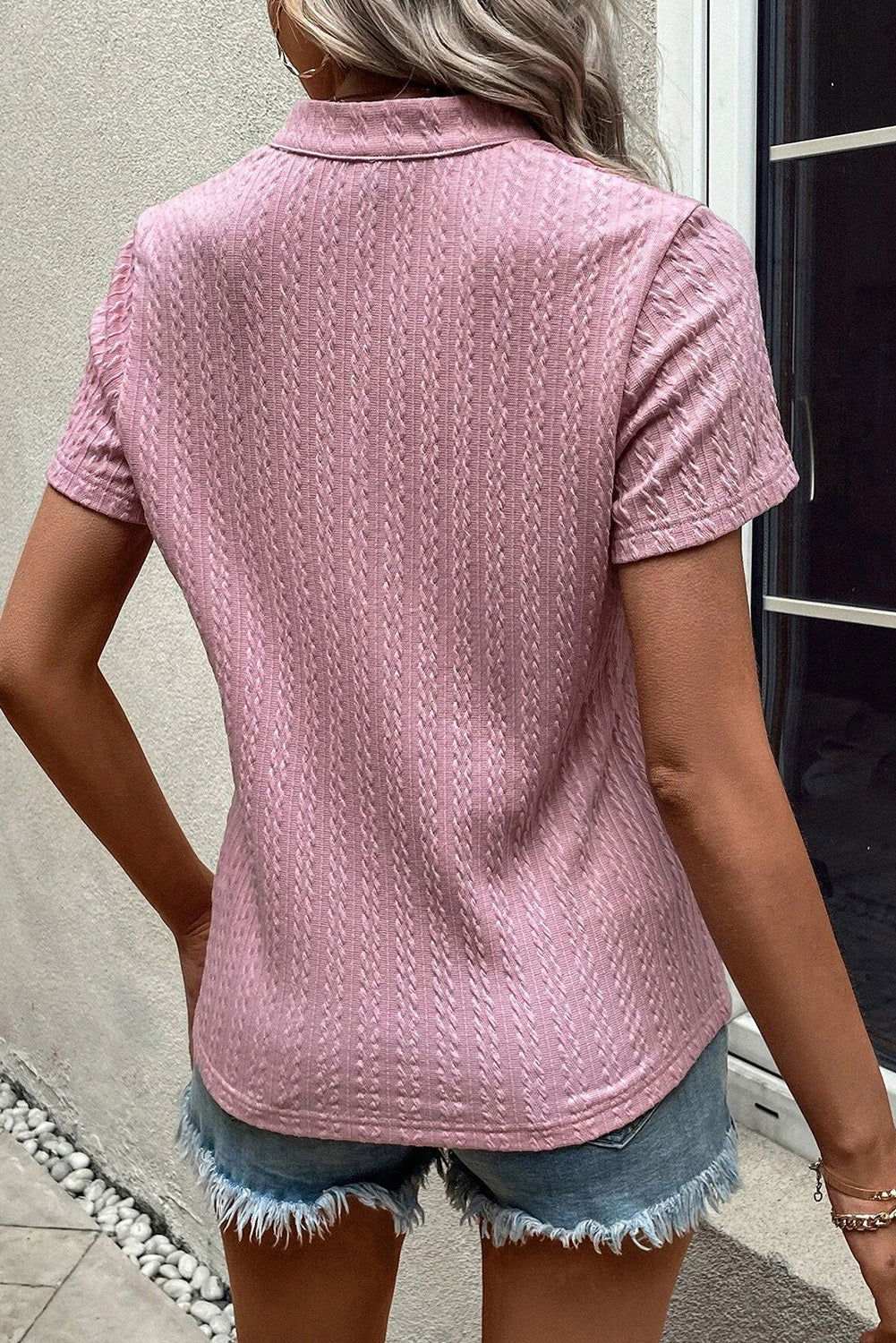 Pink Twisted Textured V-Neck Short Sleeve Blouse - Vesteeto