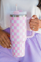 Pink Two-Tone Checkered Stainless Cup With Handle 40oz - Vesteeto