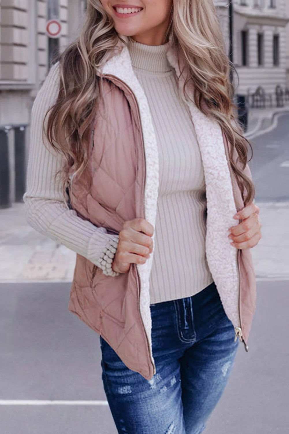 Pink Zip Up Fleece Lined Quilted Vest Coat - Vesteeto