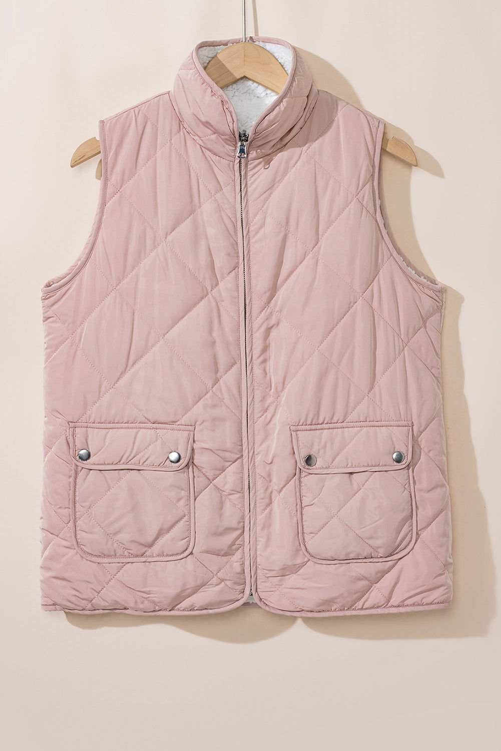 Pink Zip Up Fleece Lined Quilted Vest Coat - Vesteeto