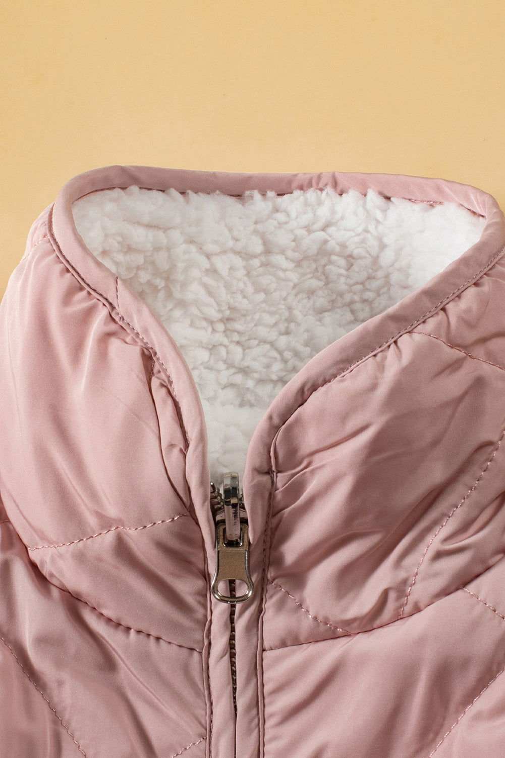 Pink Zip Up Fleece Lined Quilted Vest Coat - Vesteeto