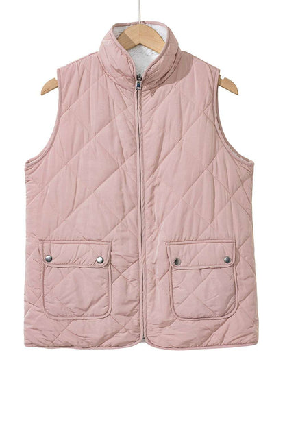 Pink Zip Up Fleece Lined Quilted Vest Coat - Vesteeto