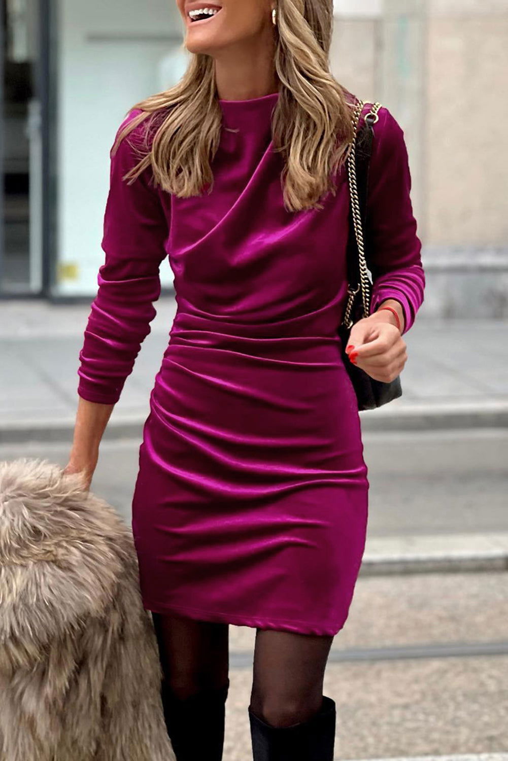 Pitaya Pink Velvet Mock Neck Ruched Long Sleeve Bodycon Dress - Vesteeto