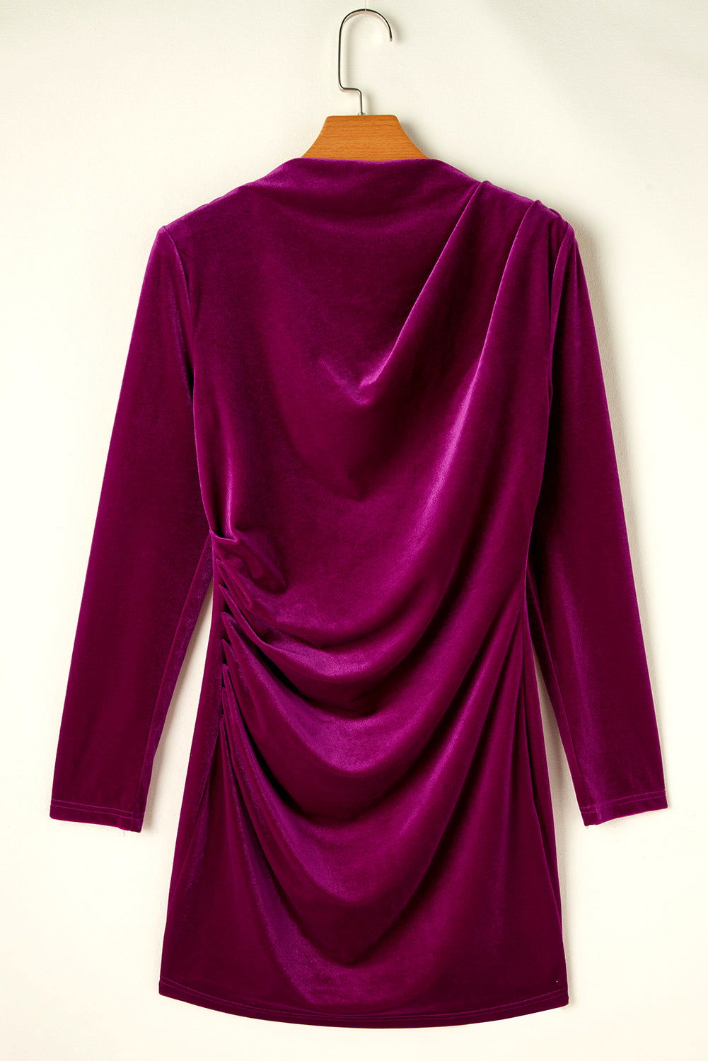 Pitaya Pink Velvet Mock Neck Ruched Long Sleeve Bodycon Dress - Vesteeto